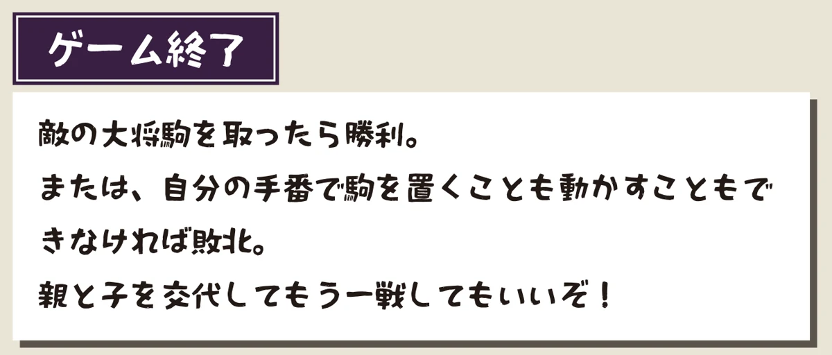 ゲーム終了：敵の大将駒を取ったら勝利